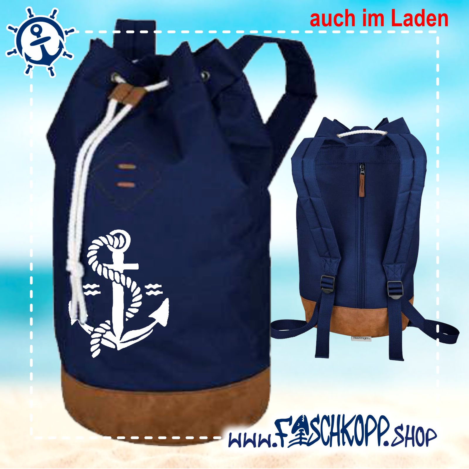 Maritime Baumwoll Rückentüte mit Anker Motiv Seesack Rucksack 