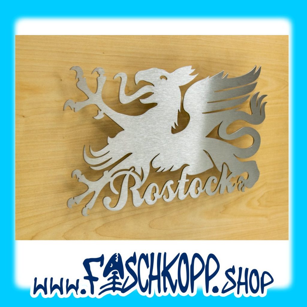 Wappentier Rostocker Greif aus Edelstahl mit Schriftzug