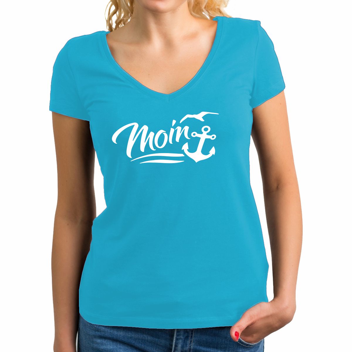 ⚓ Damen T-Shirt Motiv mit Moin V-Neck Elastan - 223 ⚓