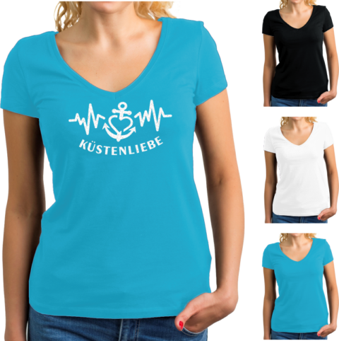 Damen T-Shirt mit Elastan - Motiv: Küstenliebe Herzschlag #498